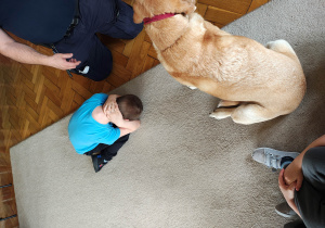 Chłopiec siedzi skulony na dywanie w pozycji "żółwia", obok klęczy mężczyzna. Przed chłopcem siedzi pies.