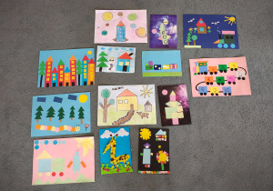 Matematyczne prace plastyczne na szarym tle.