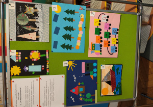 Tablica z matematycznymi pracami plastycznymi oraz wynikami konkursu.