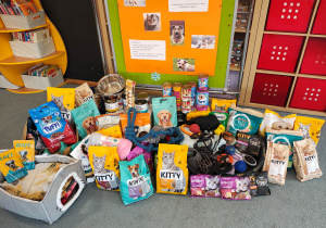 Plakat i dary przyniesione podczas zbiórki dla Łódzkiego Towarzystwa Opieki nad Zwierzętami.